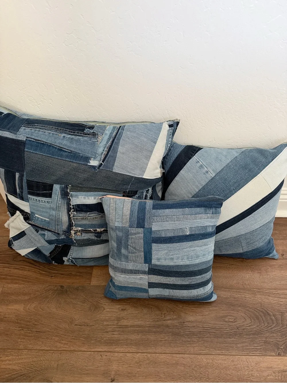Striped Denim Patchwork Throw Pillow - Blue 12x12